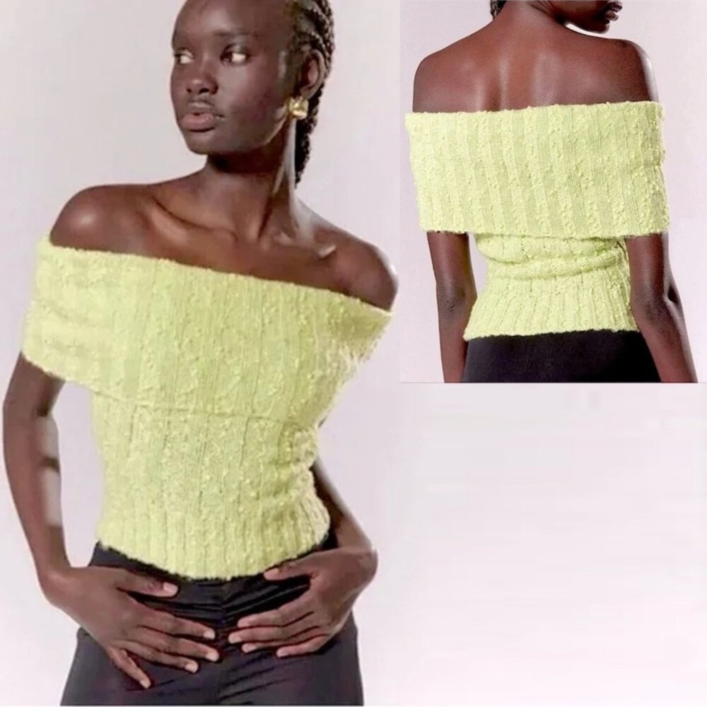 Silence + Noise Off-Shoulder Light Green Sweater